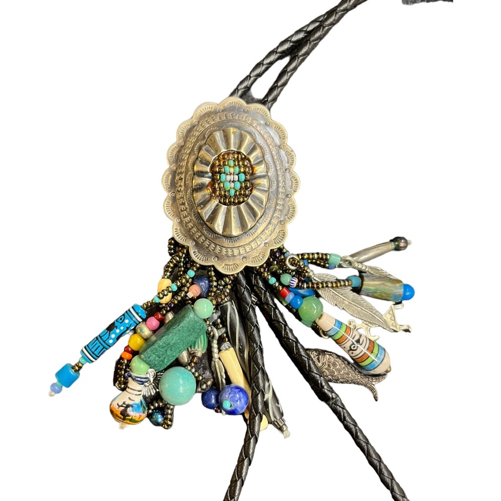 Vintage Leather Bolo Tie Southwestern Beads Gemstone Beads Multi-strand - Picture 7 of 16